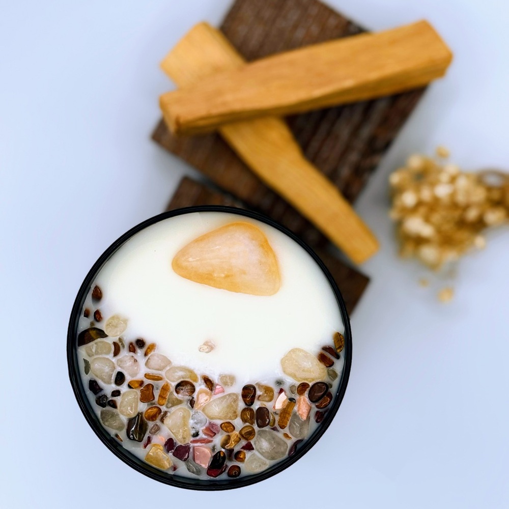 Handmade Intention Crystal Candle – Palo Santo + Sandalwood Protection Candle